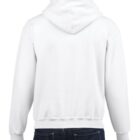 Person wearing a plain white hooded sweatshirt and dark jeans, seen from the back.