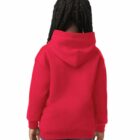 Child with braided hair wearing a red hoodie, seen from the back against a white background.