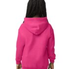 A girl with braids wears a bright pink hoodie and blue jeans, seen from the back.