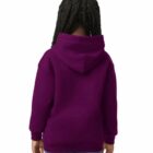 Child with braided hair wearing a purple hoodie, seen from the back against a white background.