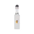 Silver rectangular bottle with black cap and abstract logo design on front.