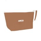 A brown zippered pouch with the word ARCO printed in white on its front. The pouch has a simple design and a wrist strap attached to the zipper.