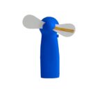 Blue handheld fan with white blades on a white background.