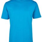 A plain blue T-shirt is displayed against a white background. The shirt has short sleeves and a round neckline.