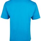 A bright blue T-shirt shown from the back, featuring short sleeves and a round neckline. The fabric appears to be smooth and plain, without any visible patterns or designs.