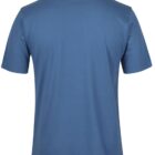 A plain blue t-shirt is shown from the back, highlighting the short sleeves and simple design.