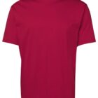 A plain red T-shirt is displayed against a white background. The T-shirt has short sleeves and a round neckline, with a simple, casual design.