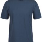 A plain, dark blue t-shirt is displayed on a white background. It has a classic crew neckline and short sleeves, with a small black label inside the collar.