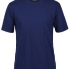 A plain navy blue T-shirt displayed on a white background, featuring a round neckline and short sleeves. The T-shirt has a simple, classic design.