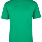 A plain green short-sleeve T-shirt with a round neckline is displayed against a white background. The fabric appears smooth and unadorned, emphasizing simplicity and solid color design.