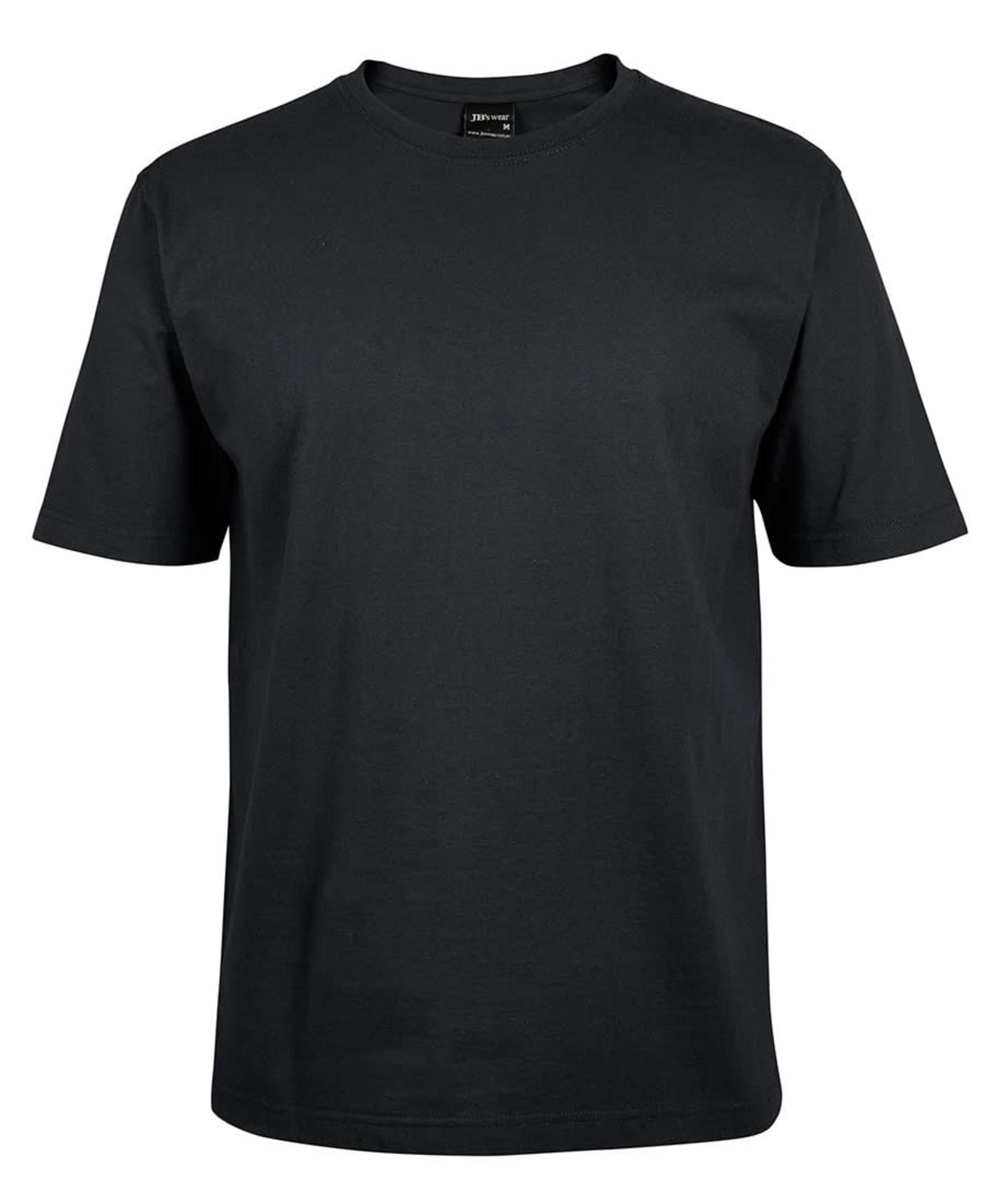 A plain black T-shirt displayed on a white background. The shirt has a round neck and short sleeves, with a simple and classic design.