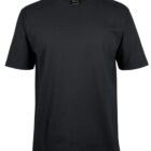 A plain black T-shirt displayed on a white background. The T-shirt has a crew neck and short sleeves, appearing simple and casual.