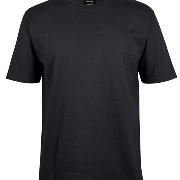A plain black T-shirt displayed on a white background. The T-shirt has a crew neck and short sleeves, appearing simple and casual.