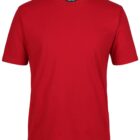 A plain red t-shirt with short sleeves and a round neckline against a white background.