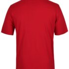 A plain red T-shirt viewed from the back, featuring short sleeves and a round neckline.