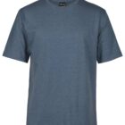 A plain, short-sleeved, crew neck T-shirt in a shade of dark blue-grey, displayed against a white background.