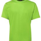 A plain, bright green T-shirt is displayed against a white background, with no visible logos or designs. The T-shirt has short sleeves and a crew neck.