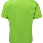 Back view of a plain, bright green T-shirt with short sleeves and a round neckline. The T-shirt is laid out flat and appears to be made of a soft, lightweight fabric.