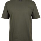 A plain olive green T-shirt with a round neckline and short sleeves on a white background.