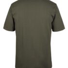 The image shows the back view of a plain olive green T-shirt with short sleeves and a round neckline. The fabric appears smooth, and there are no visible logos or designs.