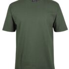 A plain olive green t-shirt with short sleeves and a round neckline, displayed against a white background.