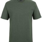 A plain, dark green T-shirt with a round neckline is displayed against a white background.