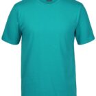 A plain teal T-shirt is displayed against a white background. The T-shirt has short sleeves and a round neckline.