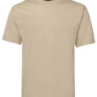 A plain beige t-shirt displayed on a white background. The short-sleeved shirt features a round neckline and a simple design with no visible logos or patterns.
