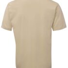 A plain beige T-shirt is shown from the back, displaying short sleeves and a simple crew neck design against a white background.