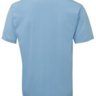 A plain light blue T-shirt is displayed against a white background. The shirt has short sleeves and a round neckline, shown from the back.