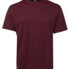 A plain maroon t-shirt displayed against a white background. The shirt has short sleeves and a simple round neckline.