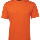 Orange short-sleeve T-shirt on a white background, featuring a round neckline and simple, plain design.