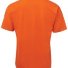 A plain orange T-shirt is shown from the back, displaying simple short sleeves and a regular neckline. The shirts vibrant orange color stands out, with no visible designs or logos present.
