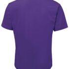 The image shows the back view of a plain purple T-shirt on a white background. The shirt has short sleeves and a round neckline.