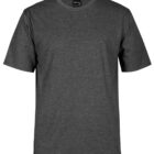 A plain, dark gray short-sleeve T-shirt with a round neckline displayed against a white background.