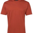 A plain, short-sleeved, rust-colored t-shirt with a crew neckline displayed on a white background.