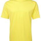 A plain, short-sleeved yellow T-shirt is displayed against a white background. The fabric appears soft and smooth, and the shirt has a crew neck design.