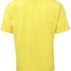A plain yellow t-shirt displayed from the back, on a white background, showing short sleeves and a round neckline.