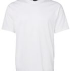 A plain white T-shirt with short sleeves displayed on a white background.