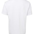 A plain white T-shirt is shown from the back, displaying a simple and clean design with short sleeves and a crew neckline.