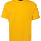 A plain yellow T-shirt with short sleeves and a crew neck displayed against a white background.