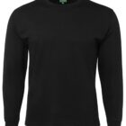 A plain black, long-sleeve shirt with a crew neck displayed on a white background.