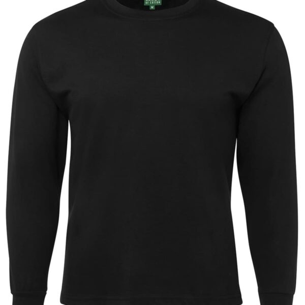 A plain black, long-sleeve shirt with a crew neck displayed on a white background.