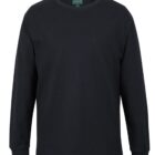 A plain black, long-sleeve crew neck t-shirt is displayed against a white background. The shirt features a simple, classic design with ribbed cuffs and appears to be made of a soft fabric.