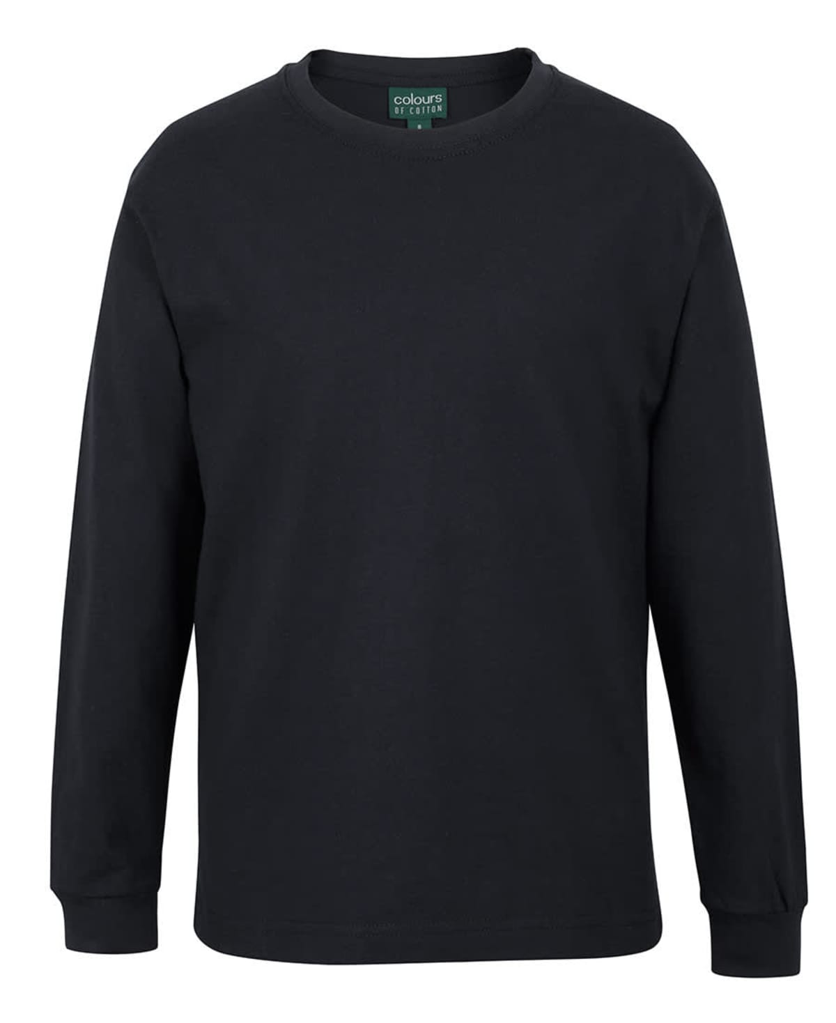 A plain black, long-sleeve crew neck t-shirt is displayed against a white background. The shirt features a simple, classic design with ribbed cuffs and appears to be made of a soft fabric.