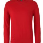 A plain, long-sleeved red T-shirt with a crew neckline displayed against a white background. The T-shirt has a simple, classic design suitable for casual wear.