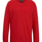 A plain red long-sleeve shirt with a round neck, displayed against a plain background.