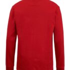 A plain red long-sleeve shirt is displayed, showing the back. The shirt has a simple design without any patterns or logos.