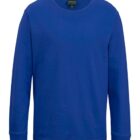 A plain blue long-sleeve crew neck shirt displayed on a white background.