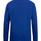 Back view of a plain blue long-sleeve shirt against a white background.